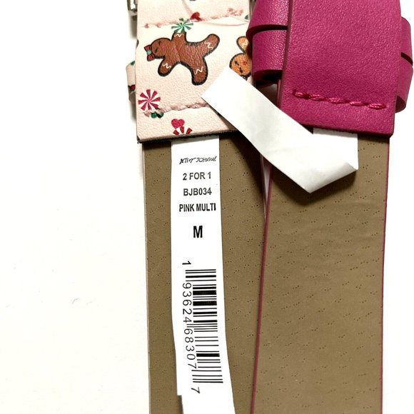 Betsey Johnson 2pc Belt Set Pink Glitter Heart & Gingerbread Print Medium NWT